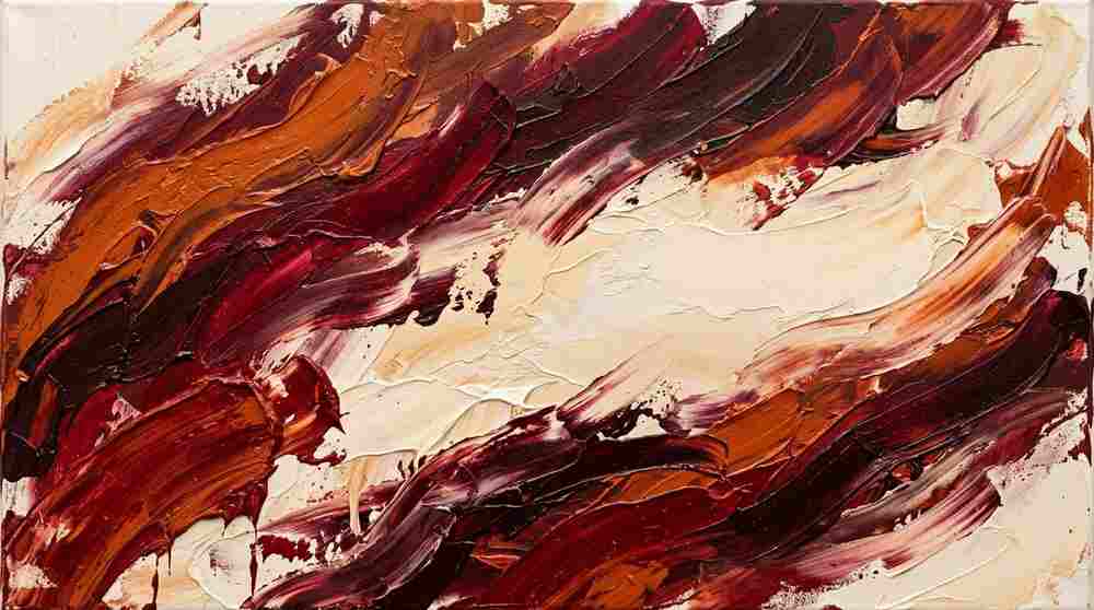Bold abstract painting with crimson and cream brushstrokes
