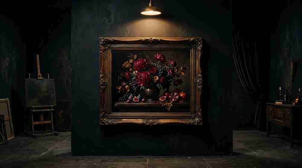 Oil painting in a gold frame under a spotlight in a dark atelier