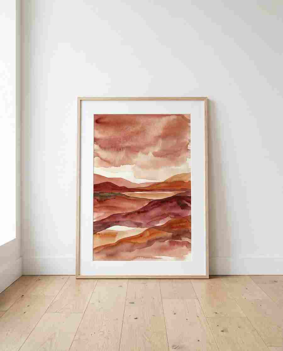 Framed fine art print leaning against a gallery wall